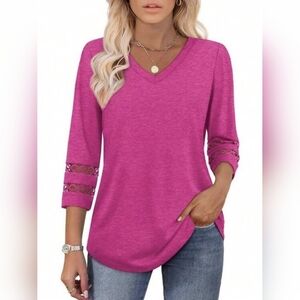Women's Full Size Pink V-Neck Top With Lace Sleeves